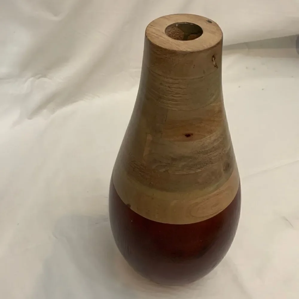 India Wood Handcrafted Vase 15 Inches Tall 2 Toned Accent Floral Decorative